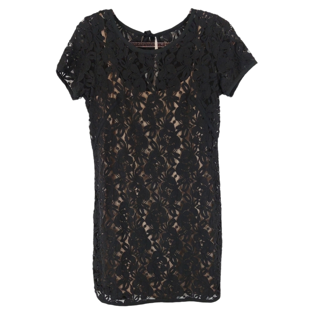 Black Lace Overlay Short Sleeve Dress